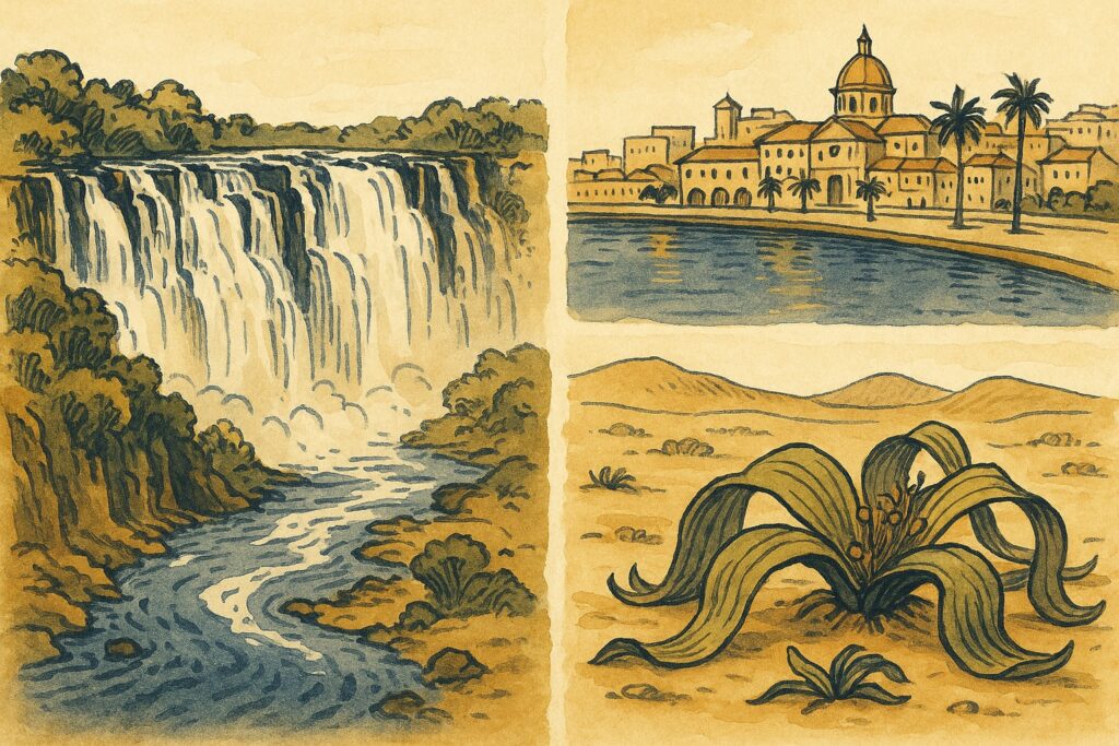 Handgezeichnete Illustration der Kalandula-Wasserfälle mit der Kolonialbucht von Luanda und Welwitschia