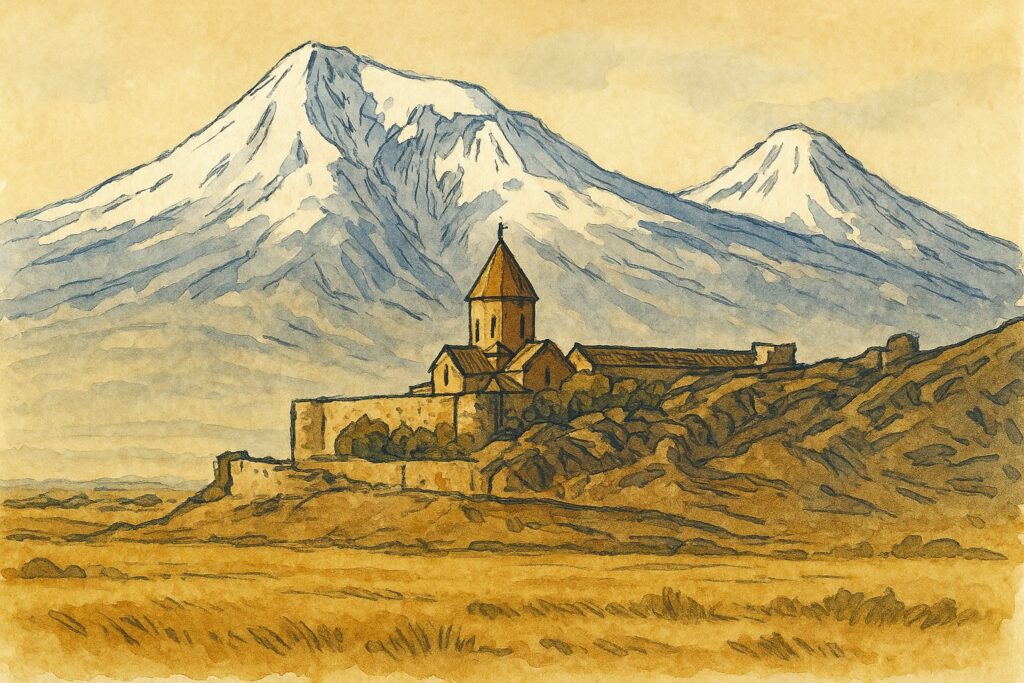 Handgezeichnete Illustration des Klosters Chor Wirap vor dem Berg Ararat in Armenien