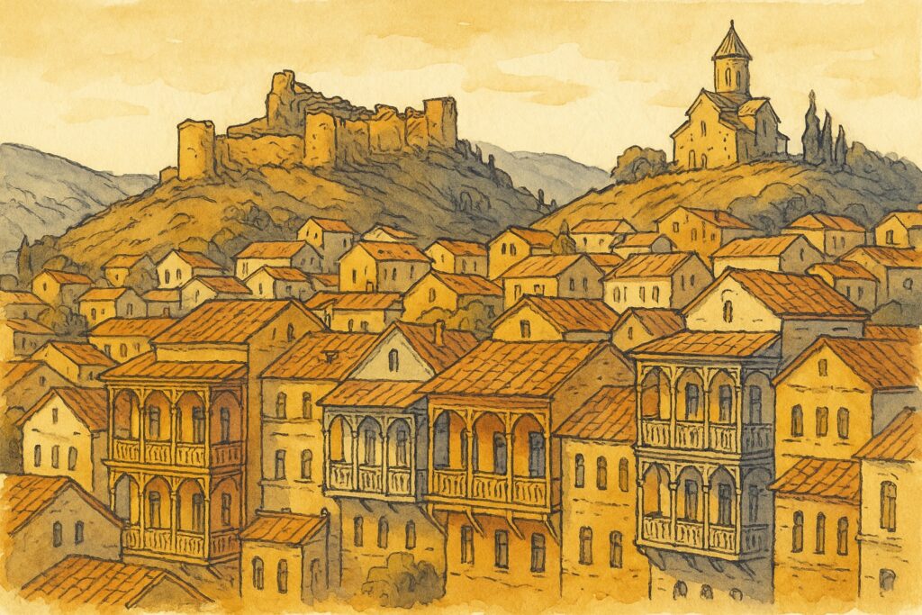 Handgezeichnete Illustration der Altstadt von Tiflis mit der Festung Narikala in Georgien