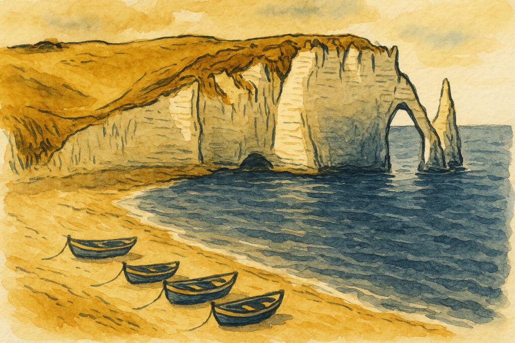 Handgezeichnete Illustration der Kreidefelsen und des Felsbogens von Étretat an der Alabasterküste