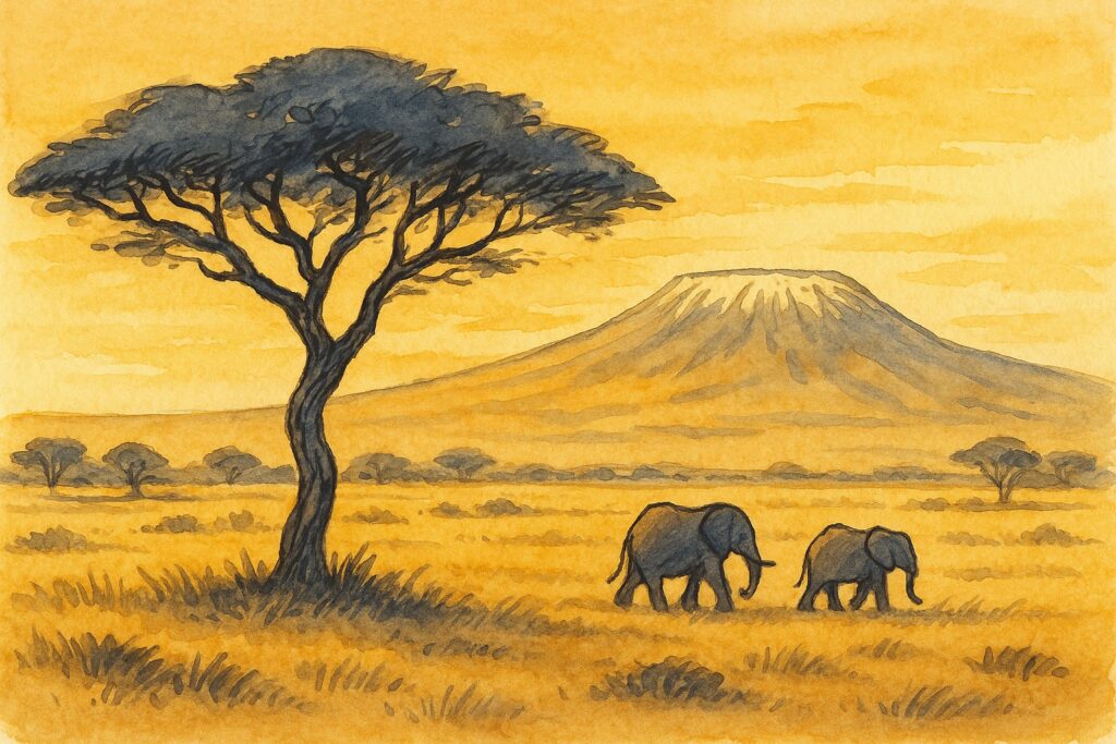 Handgezeichnete Illustration der Savanne Kenias mit Akazie, Elefanten und Kilimanjaro
