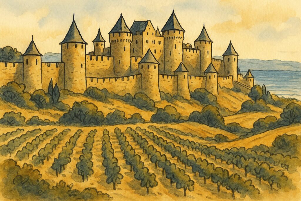 Handgezeichnete Illustration der Festungsstadt Carcassonne über Weinbergen