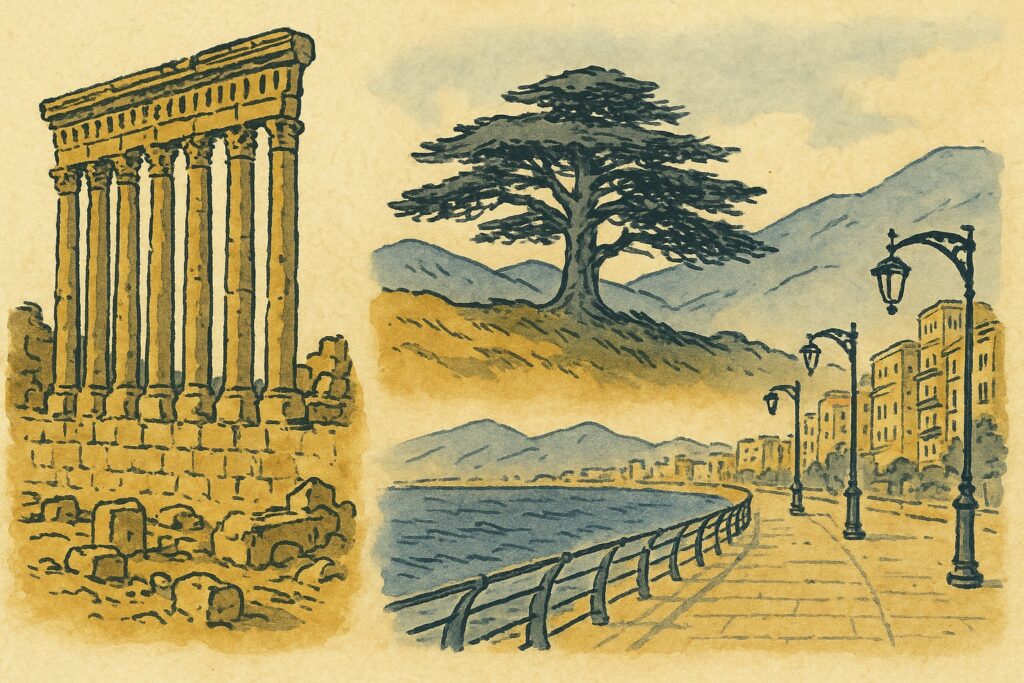 Handgezeichnete Illustration der römischen Tempel von Baalbek mit einer Zeder und der Corniche von Beirut