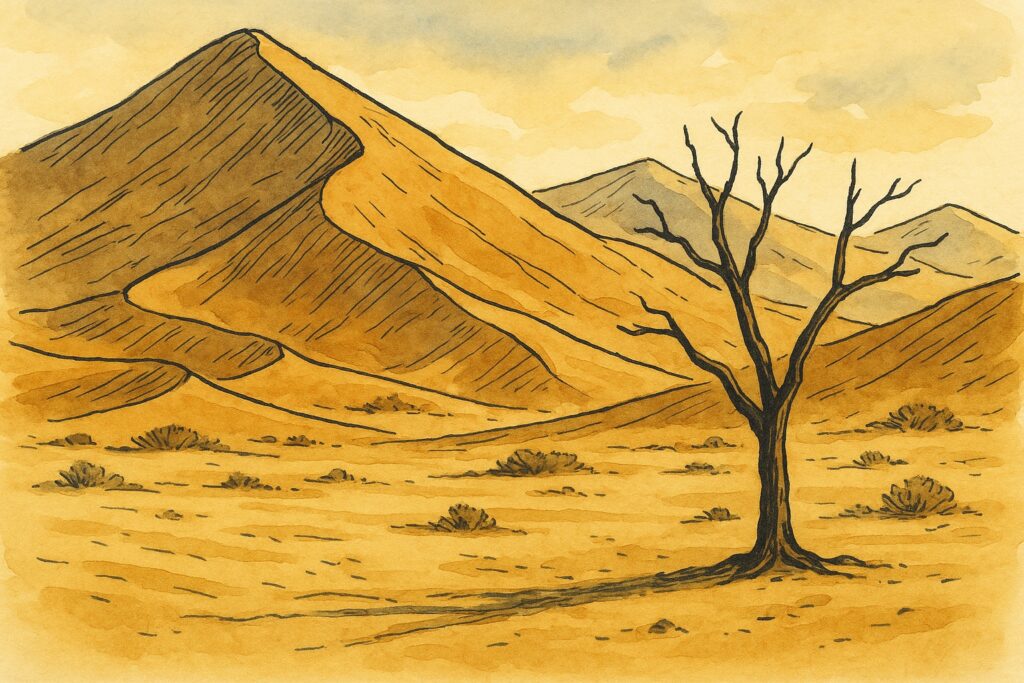 Handgezeichnete Illustration der roten Dünen von Sossusvlei in der Namib-Wüste