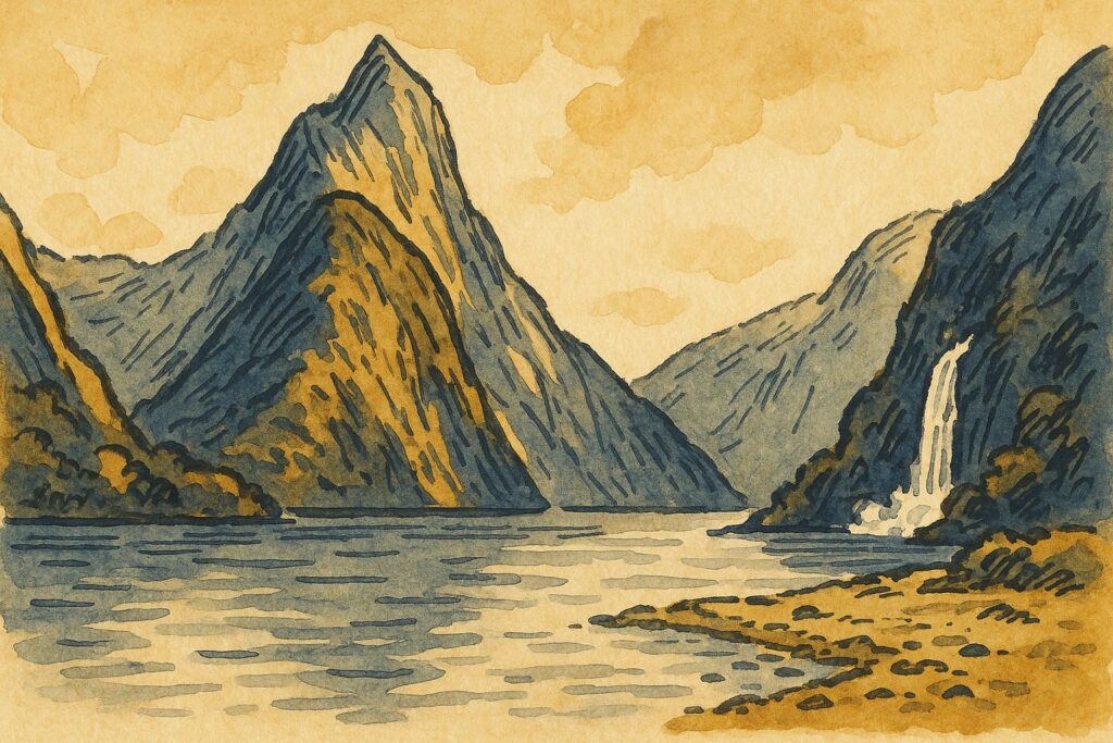 Handgezeichnete Illustration des Milford Sound mit Mitre Peak
