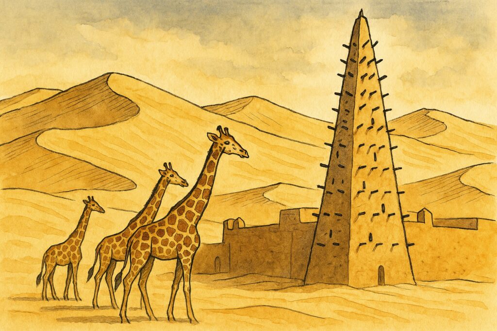 Handgezeichnete Illustration der Ténéré-Dünen mit dem Lehmminarett von Agadez und Giraffen
