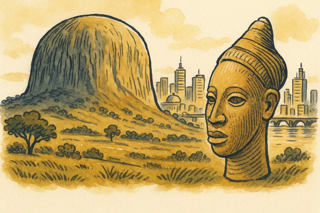 Handgezeichnete Illustration des Zuma Rock bei Abuja mit der Skyline von Lagos und einer Nok-Terrakotta