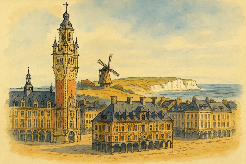 Handgezeichnete Illustration des flämischen Glockenturms von Lille mit der Opalküste