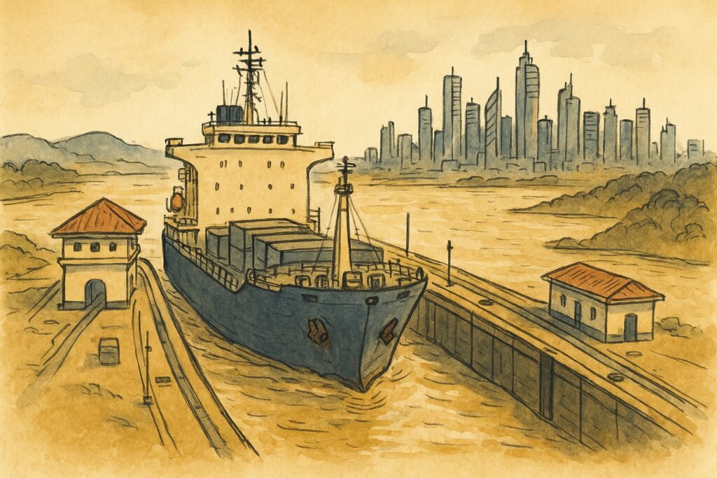 Handgezeichnete Illustration des Panamakanals mit Schiff und Skyline von Panama-Stadt
