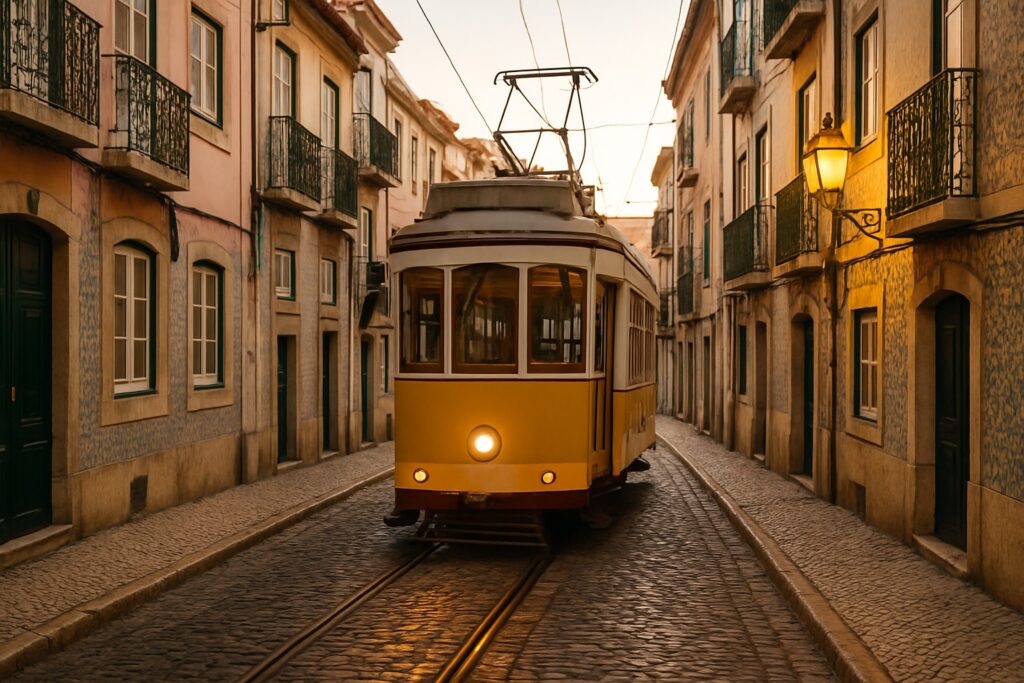 Gelbe historische Tram in der Altstadt von Lissabon – Portugal