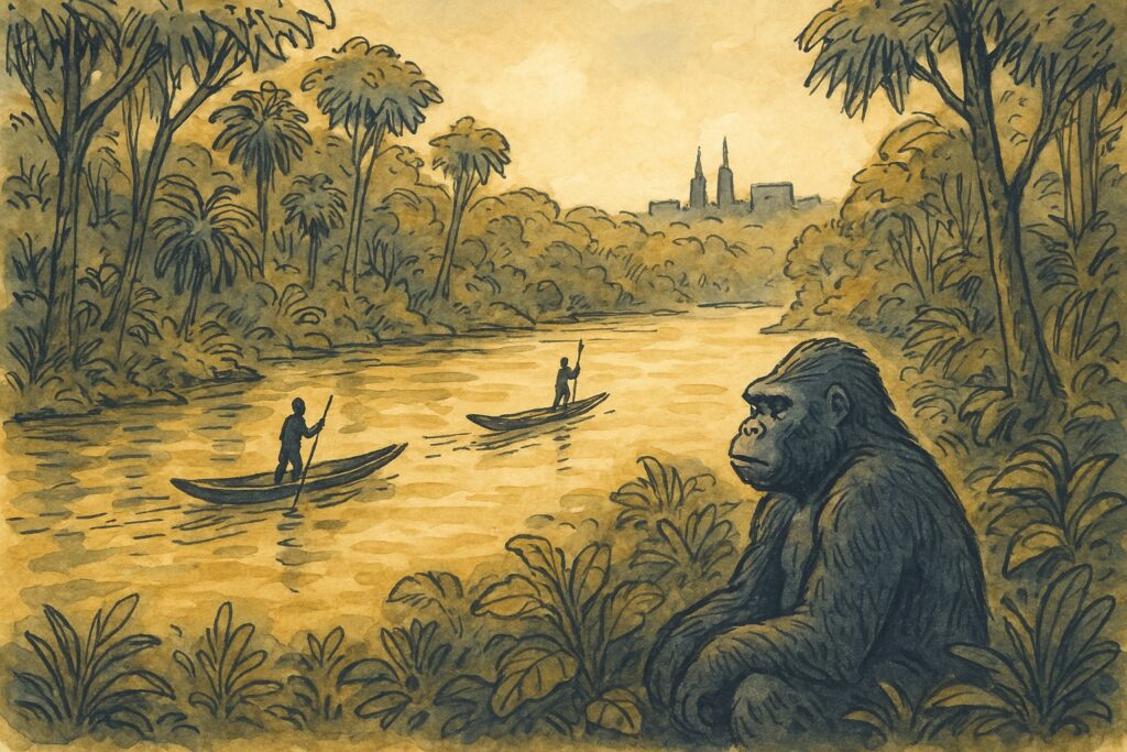 Handgezeichnete Illustration des Kongobecken-Regenwalds mit einem Flachlandgorilla und Pirogen am Kongo-Fluss in Brazzaville
