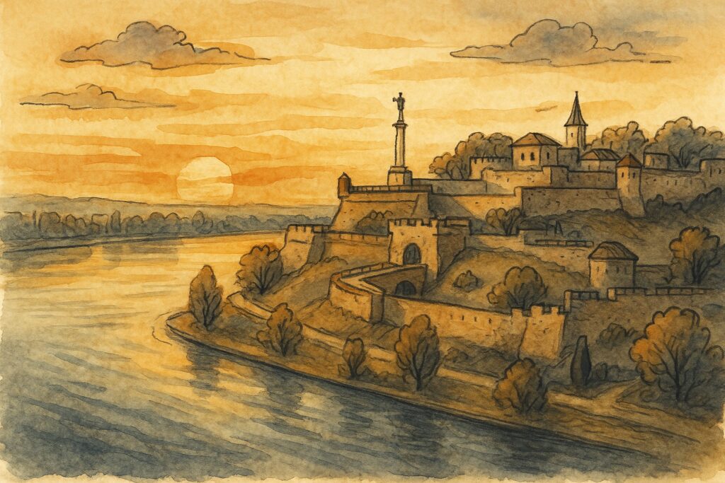 Handgezeichnete Illustration der Festung Kalemegdan in Belgrad an Donau und Save