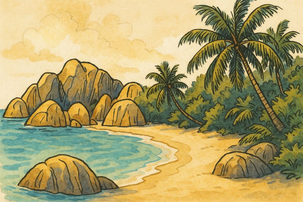 Handgezeichnete Illustration der Granitfelsen und des Strandes von Anse Source d'Argent auf den Seychellen