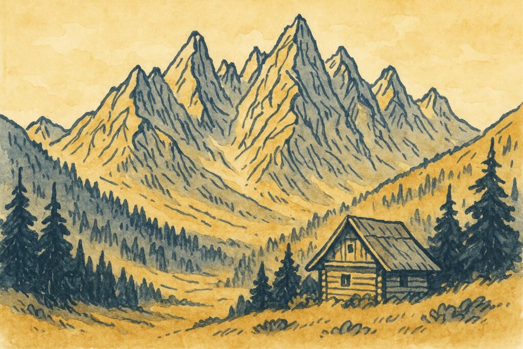 Handgezeichnete Illustration der Hohen Tatra mit Berghütte in der Slowakei