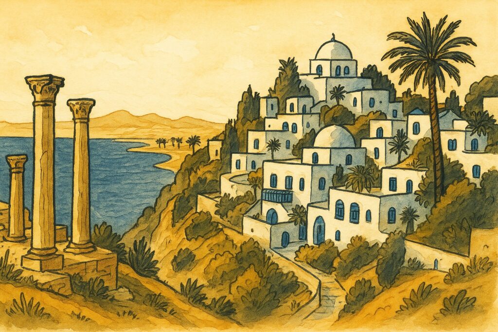 Handgezeichnete Illustration des blau-weißen Dorfes Sidi Bou Saïd über dem Mittelmeer in Tunesien