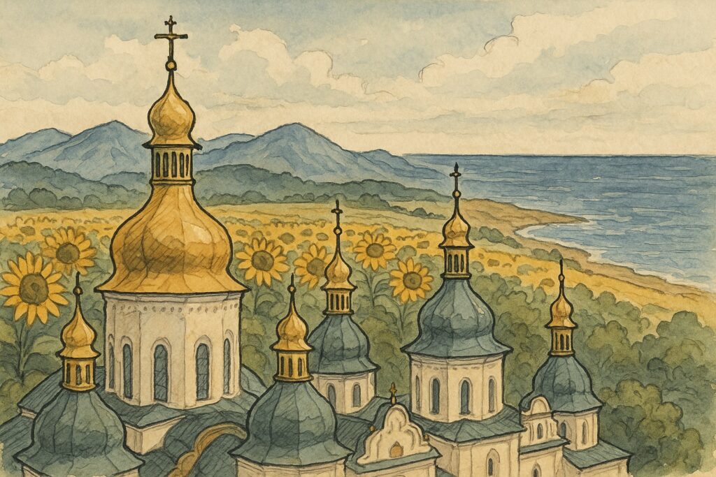 Handgezeichnete Illustration der goldenen Kuppeln der Sophienkathedrale in Kyjiw mit den Karpaten und einem Sonnenblumenfeld