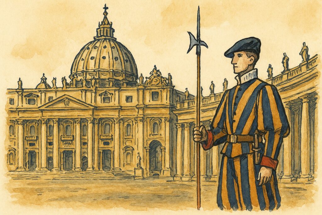 Handgezeichnete Illustration des Petersdoms und der Kolonnaden mit der Kuppel und einem Schweizergardisten