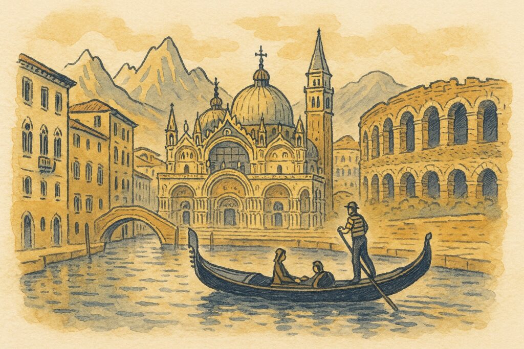 Handgezeichnete Illustration eines venezianischen Kanals mit Gondel und Markusdom vor den Dolomiten