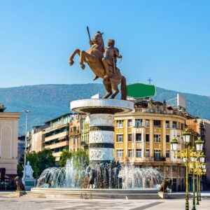 Mazedonien Platz in Skopje mit Statue Alexander des Großen